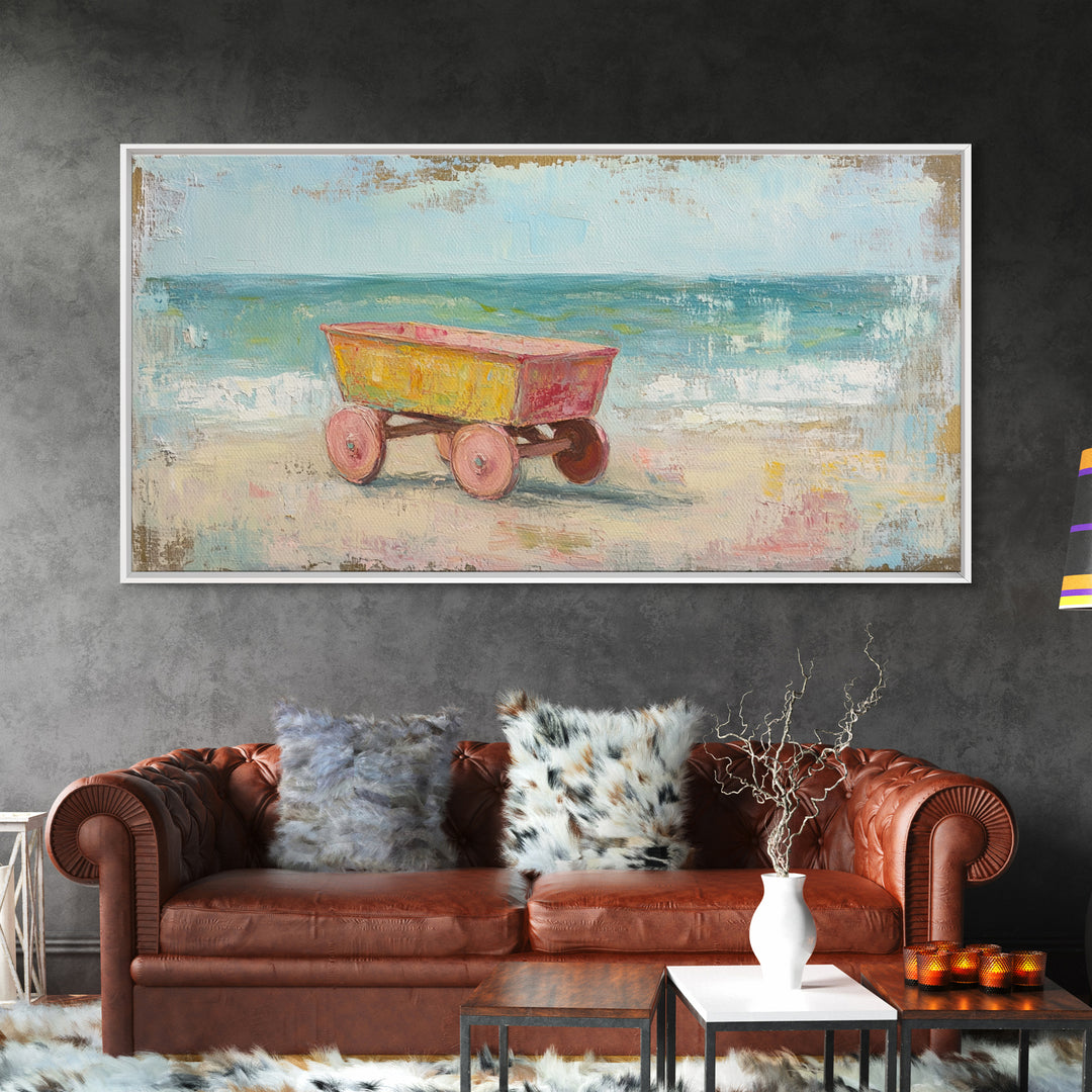 Yellow Beach Wagon Canvas Print, Coastal Wall Art, Beach House Decor, Ocean Wall Decor, Summer Nursery Art, Housewarming Gift