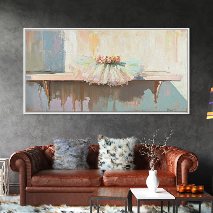 Pastel Ballet Tutu On Barre Wall Art, Girls Room Decor, Dance Studio Decor, Nursery Wall Art, Feminine Framed Canvas Print