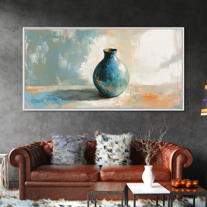 Turquoise Ceramic Vase Still Life Framed Canvas Print, Neutral Wall Art, Modern Home Decor, Living Room Decor, Housewarming Gift