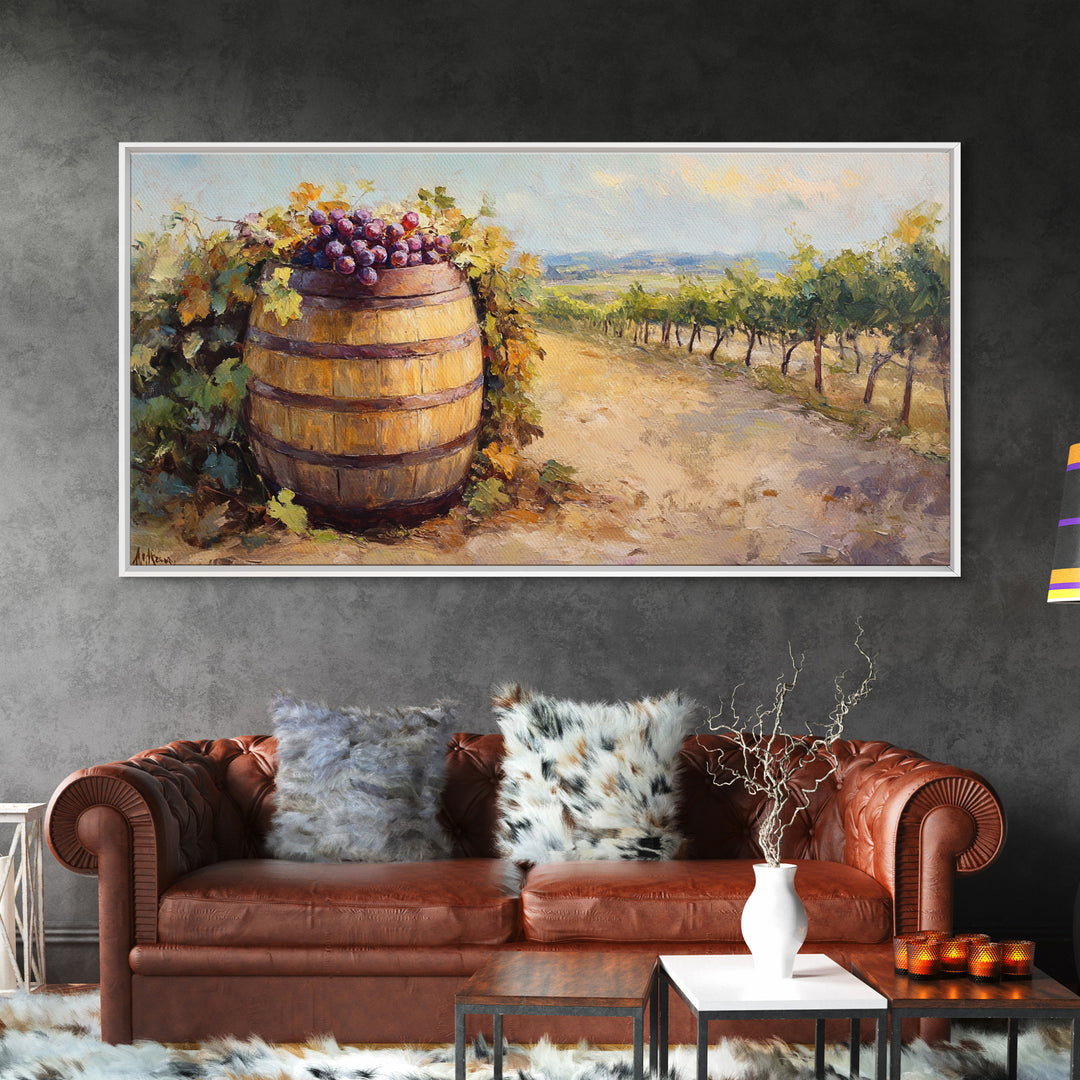 Wine Barrel And Grapes Vineyard Landscape Canvas Print, Winery Wall Art, Rustic Kitchen Decor, French Country Decor, Gift For Wine Lover