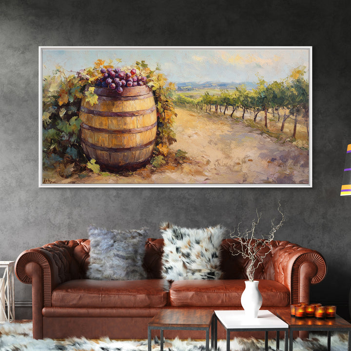 Wine Barrel And Grapes Vineyard Landscape Canvas Print, Winery Wall Art, Rustic Kitchen Decor, French Country Decor, Gift For Wine Lover
