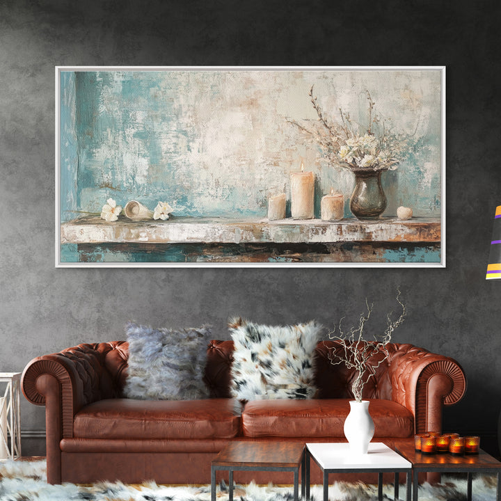 Candles Flowers And Seashell Still Life Canvas Print, Coastal Wall Art, Spa Decor, Neutral Bathroom Decor, Calming Wall Art