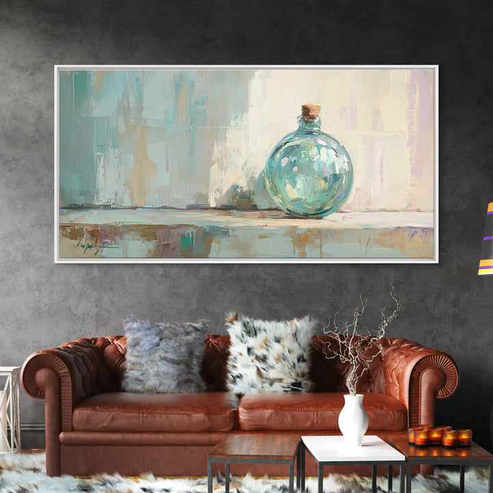 Aqua Glass Bottle Still Life Framed Canvas Print, Coastal Wall Art, Minimalist Decor, Modern Home Decor, Housewarming Gift