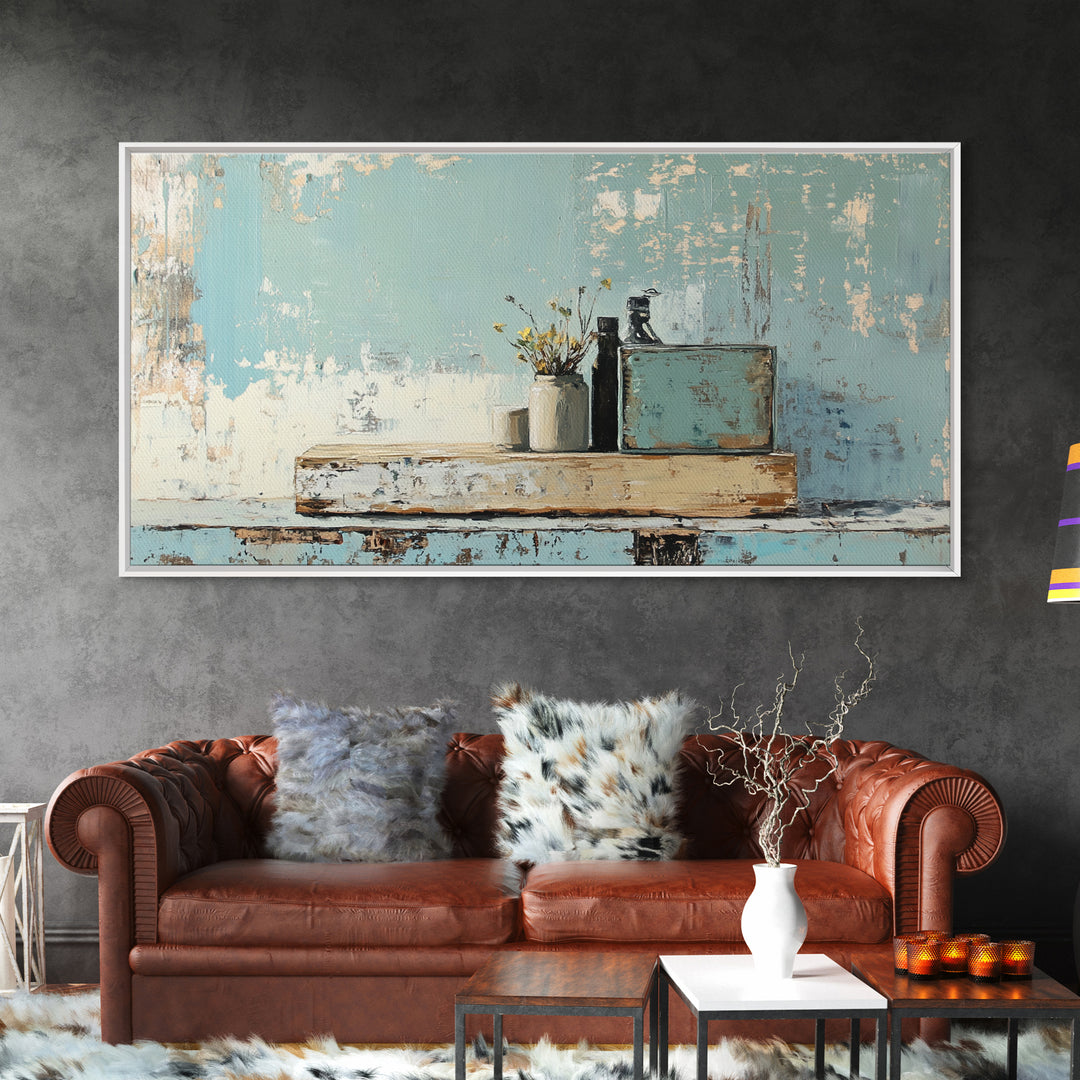 Rustic Blue Shelf Still Life Wall Art, Textured Coastal Farmhouse Kitchen Decor, Neutral Living Room Art Print, Housewarming Gift