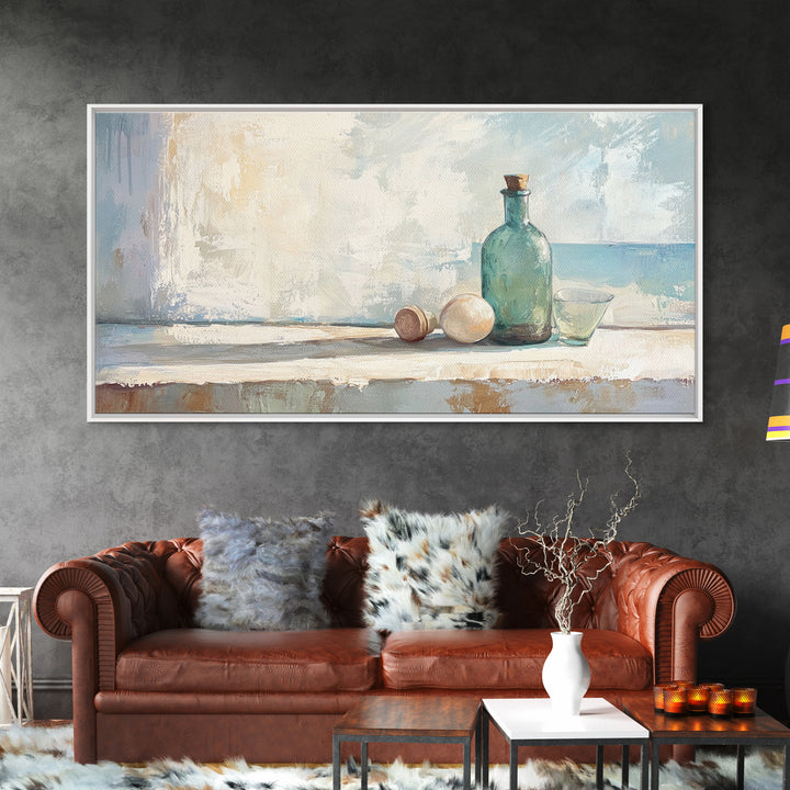 Sea Glass Bottle And Eggs Wall Art, Minimalist Coastal Kitchen Decor, Neutral Still Life Canvas Print, Beach House Decor Gift