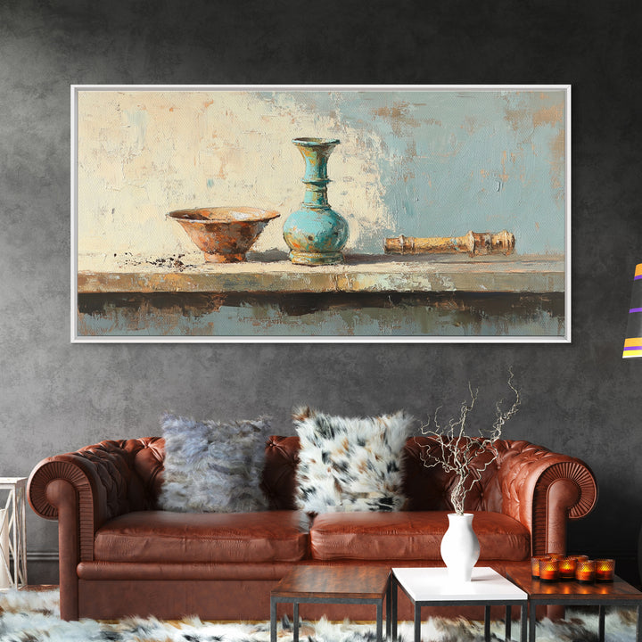 Turquoise Vase And Rustic Bowl Wall Art, Textured Still Life Canvas Print, Neutral Farmhouse Decor For Living Room Housewarming Gift