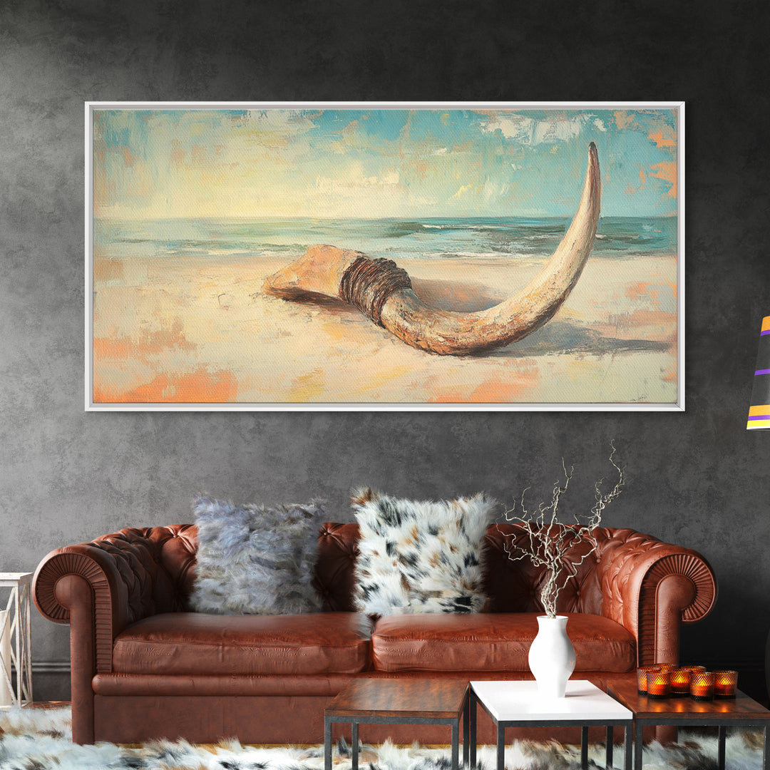 Weathered Horn On Sandy Shore Wall Art, Coastal Beach House Decor, Nautical Canvas Wall Art, Rustic Seascape Gift For Living Room Decor