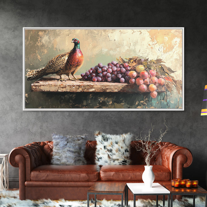Pheasant And Purple Grapes Framed Canvas Print, Rustic Country Kitchen Wall Art, Winery Decor, Farmhouse Dining Room Still Life