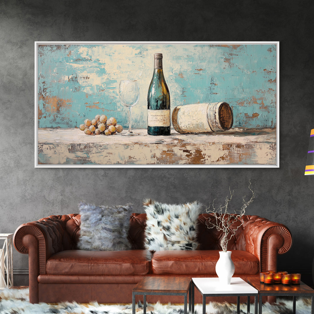 Wine Bottle With Glass And Grapes Canvas Print, Winery Kitchen Wall Art, Rustic Bar Cart Decor, Vineyard Housewarming Gift
