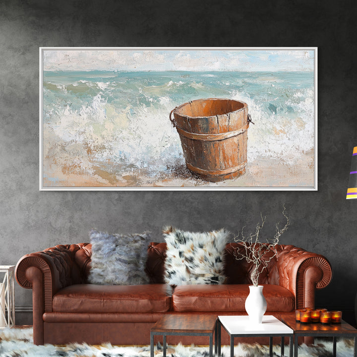 Wooden Bucket By Ocean Waves Framed Canvas Print, Coastal Beach Wall Art, Nautical Bathroom Decor, Beach House Gift For Living Room