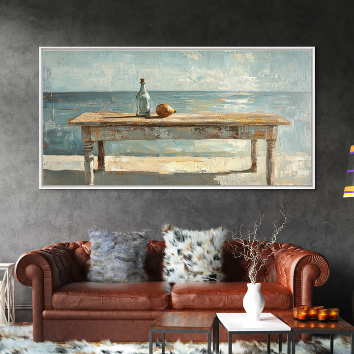 Weathered Seaside Table With Bottle Canvas Print, Coastal Wall Art, Beach House Decor, Ocean Painting, Nautical Living Room Decor