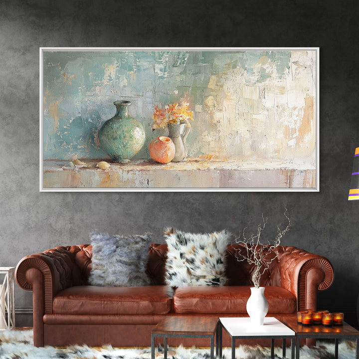Textured Vases With Tiny Orange Flowers Canvas Print, Neutral Wall Art, Modern Farmhouse Decor, Still Life Painting, Gift For Her