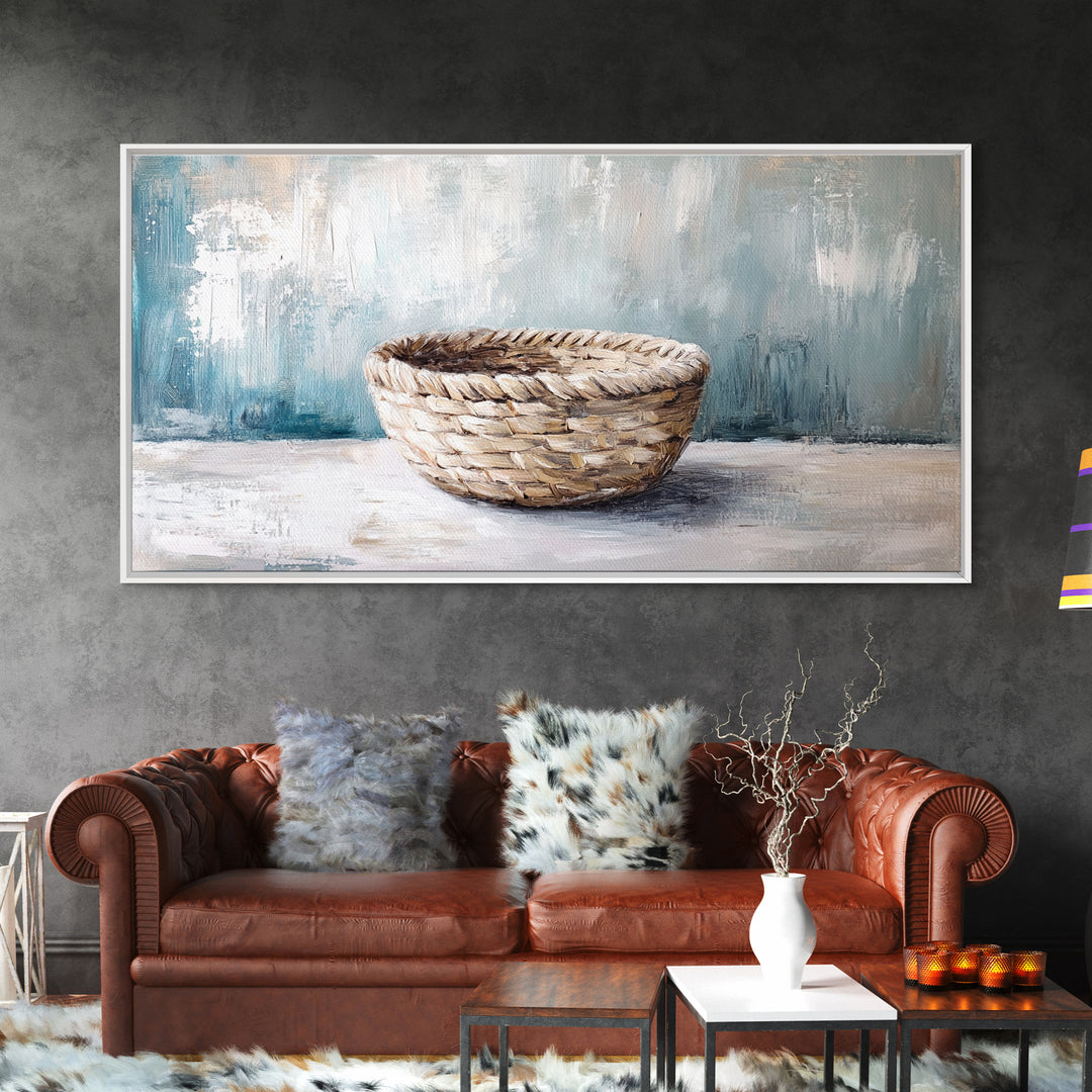 Handwoven Basket Still Life Canvas Print, Rustic Wall Art, Neutral Farmhouse Decor, Wabi Sabi Art, Cozy Kitchen Decor Gift