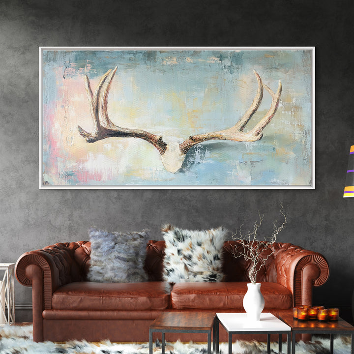 Rustic Antlers On Blue Background Wall Art, Western Wall Decor, Cabin Decor, Nature Canvas Print, Masculine Office Art Gift
