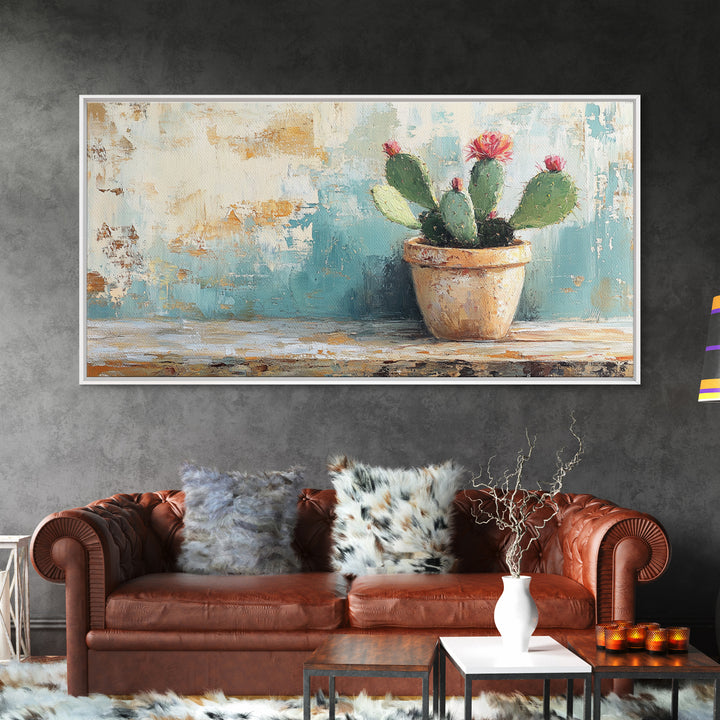 Potted Prickly Pear Cactus With Pink Flowers Canvas Print, Desert Wall Art, Southwest Decor, Botanical Kitchen Decor Gift