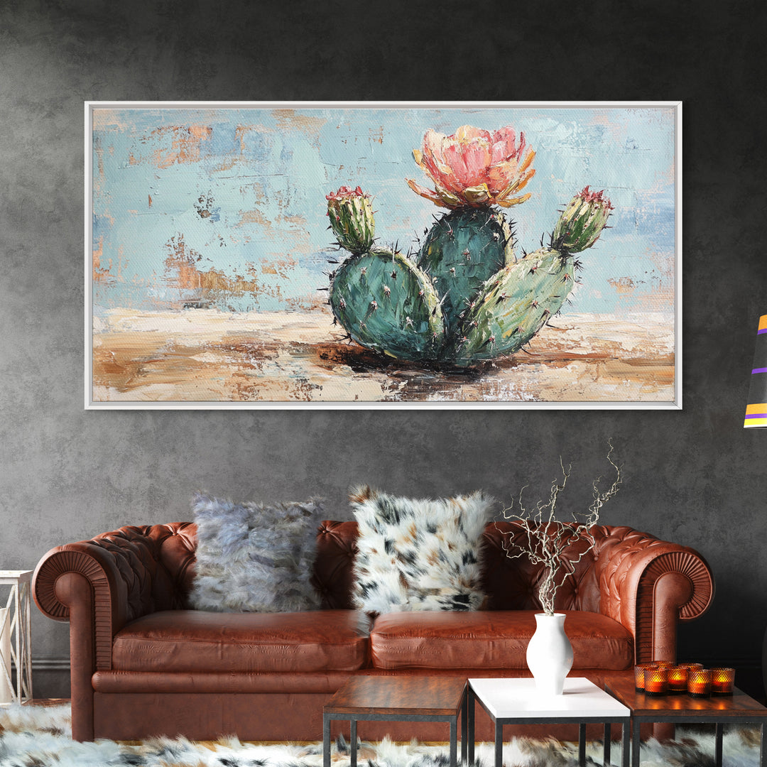 Blooming Prickly Pear Cactus Canvas Print, Desert Wall Art, Southwest Home Decor, Boho Botanical Living Room Decor Gift Idea
