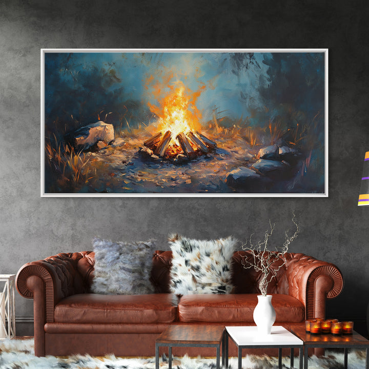 Glowing Forest Campfire Canvas Print, Cabin Wall Art, Rustic Nature Decor, Cozy Camping Gift For Him Or Outdoor Lover And Hiker