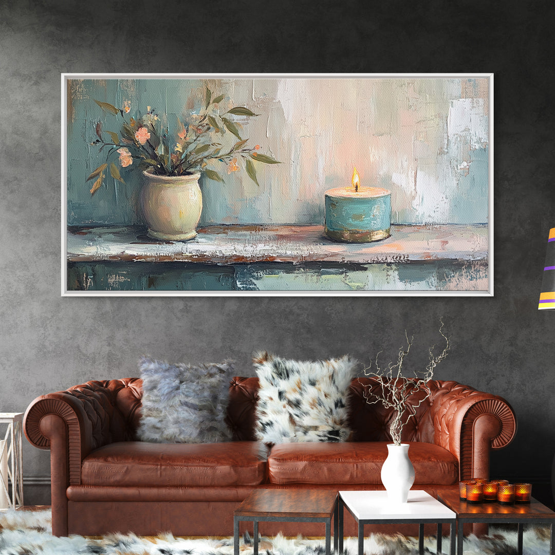 Potted Olive Plant And Candle Canvas Print, Spa Wall Art, Zen Home Decor, Calming Neutral Bathroom Decor Housewarming Gift