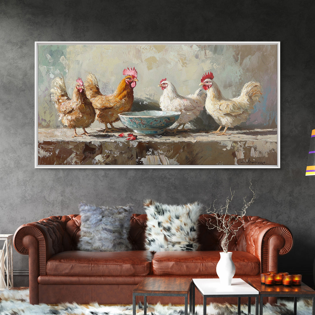 Rustic Farm Chickens And Blue Bowl Wall Art, Farmhouse Canvas Print, Country Kitchen Decor, Animal Wall Art, Housewarming Gift