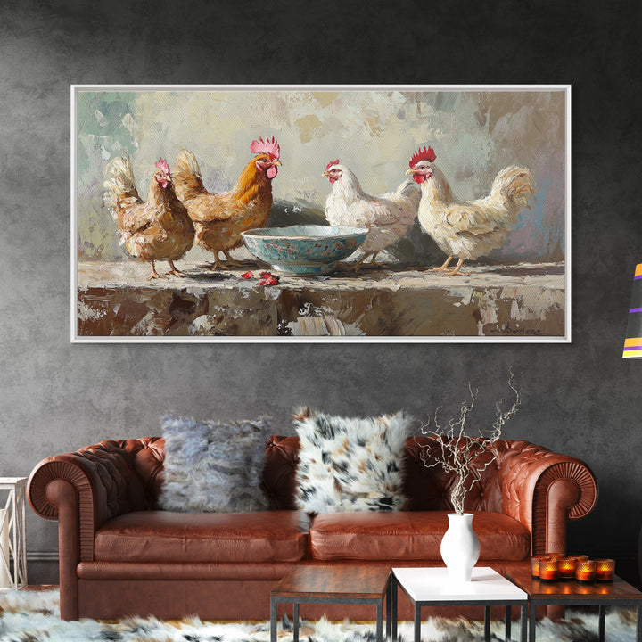 Rustic Farm Chickens And Blue Bowl Wall Art, Farmhouse Canvas Print, Country Kitchen Decor, Animal Wall Art, Housewarming Gift