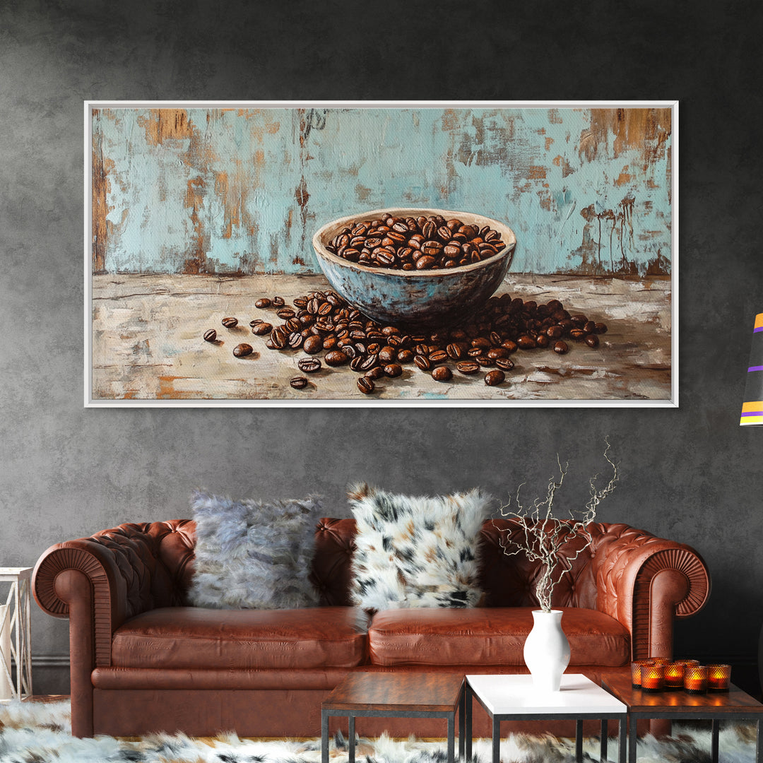 Coffee Beans In Weathered Blue Bowl Wall Art, Coffee Bar Canvas Print, Rustic Kitchen Decor, Cafe Wall Art, Gift For Coffee Lover