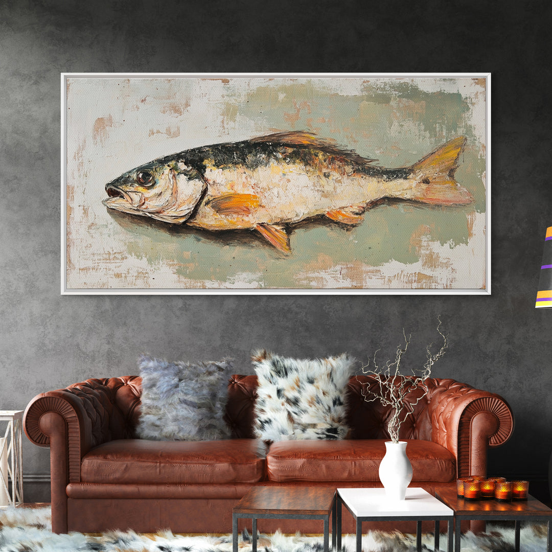 Rustic Fish Still Life Canvas Print, Coastal Kitchen Wall Art, Seafood Wall Decor, Nautical Home Decor For Lake House Gift