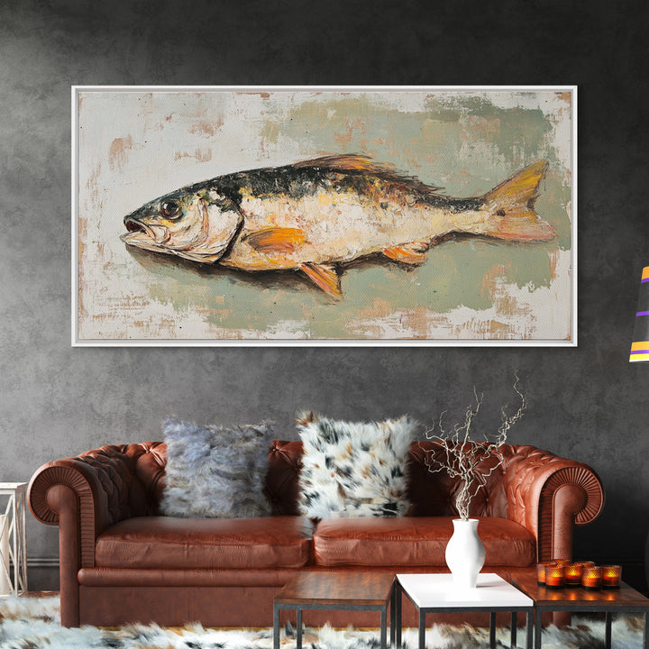 Rustic Fish Still Life Canvas Print, Coastal Kitchen Wall Art, Seafood Wall Decor, Nautical Home Decor For Lake House Gift