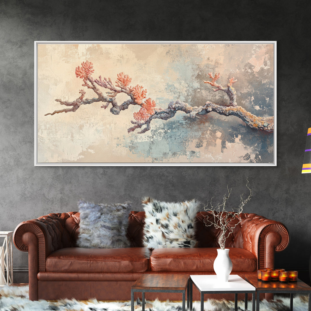 Pink Coral Branch Coastal Wall Art, Textured Ocean Art Print, Beach House Decor, Serene Neutral Canvas Print, Nautical Wall Decor