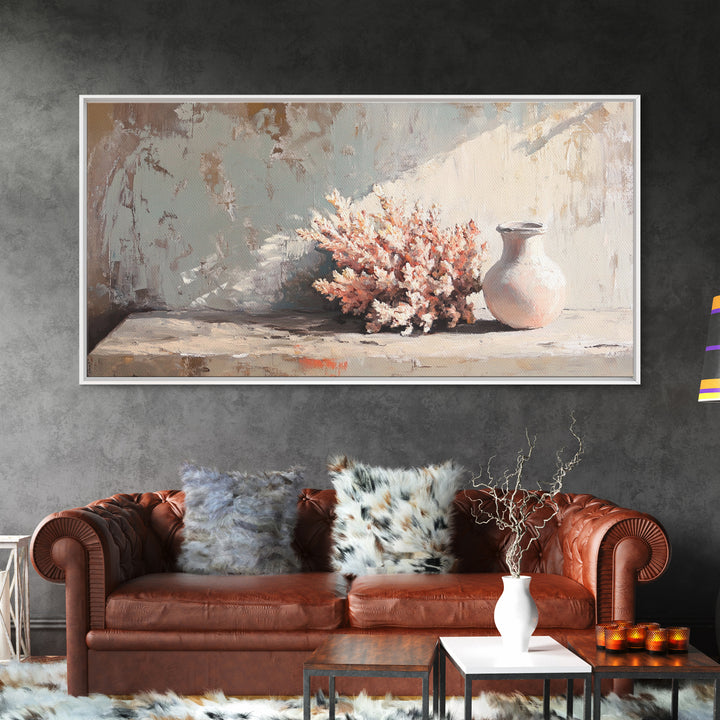 Soft Coral Bouquet And Ceramic Vase Wall Art, Coastal Still Life Print, Neutral Beach House Decor, Modern Home Decor Gift