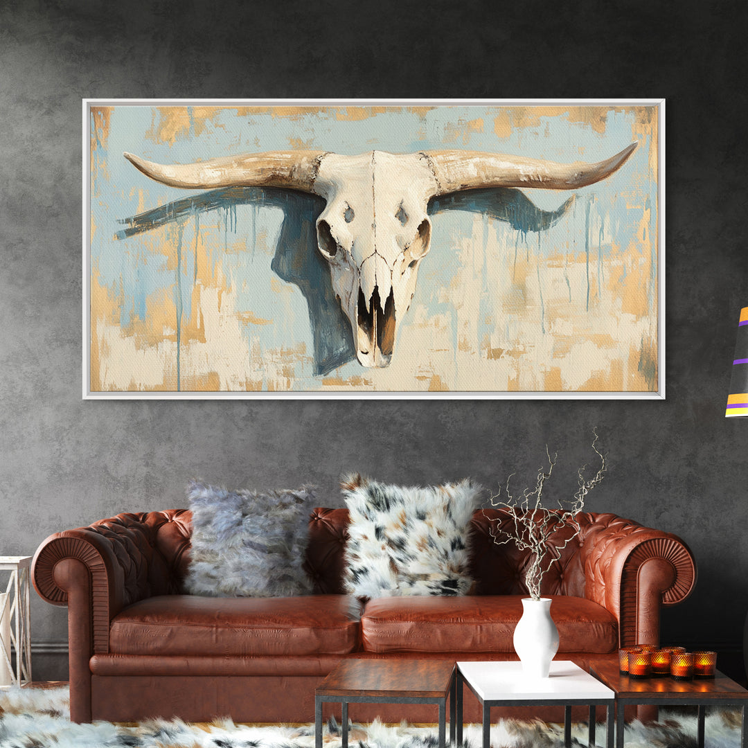 Longhorn Skull On Rustic Blue Plaster Wall Art, Western Ranch Decor, Southwestern Home Decor, Cowboy Canvas Art Print Gift