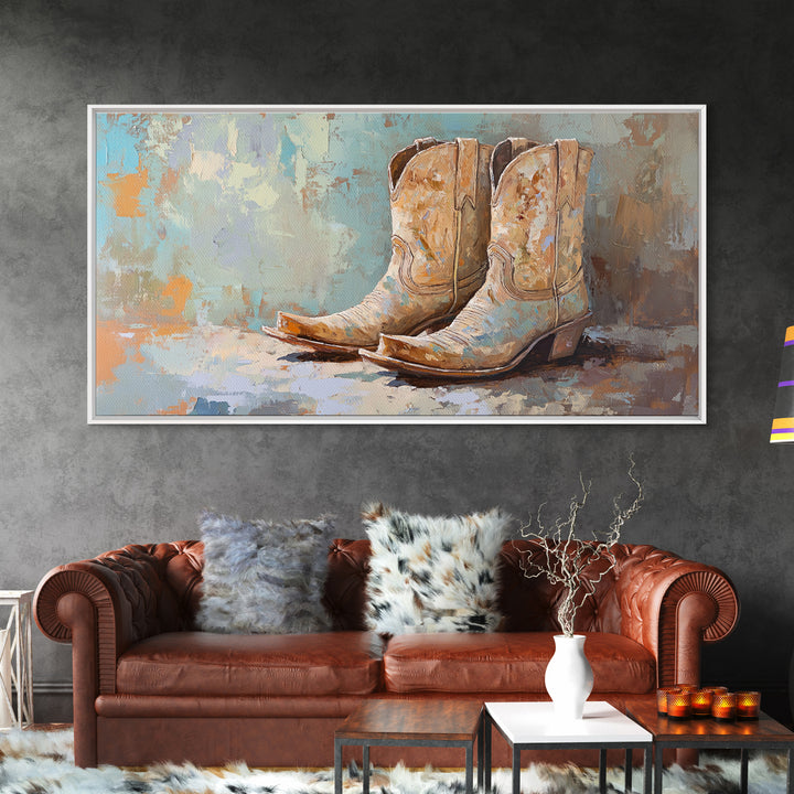 Weathered Cowboy Boots On Textured Blue Canvas Print, Western Wall Decor, Rustic Ranch Home Decor, Cowgirl Gift For Her Art