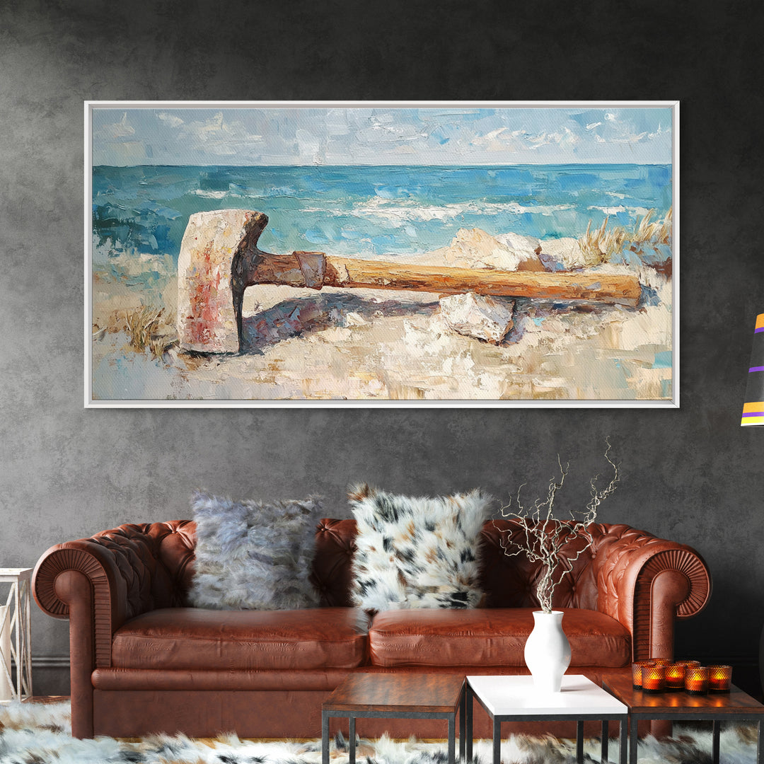 Weathered Axe On Sandy Beach Canvas Print, Coastal Wall Art, Nautical Home Decor, Rustic Seaside Ocean Landscape Gift For Him