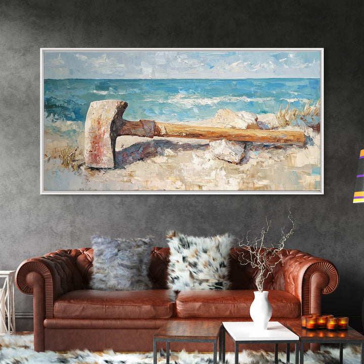 Weathered Axe On Sandy Beach Canvas Print, Coastal Wall Art, Nautical Home Decor, Rustic Seaside Ocean Landscape Gift For Him
