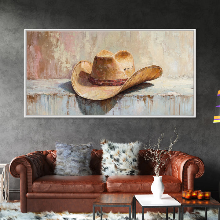 Worn Cowboy Hat On Rustic Shelf Wall Art, Western Home Decor, Cowgirl Wall Decor, Ranch Housewarming Gift, Canvas Print Idea
