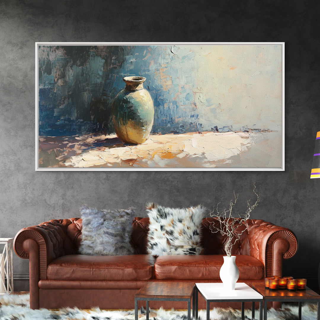 Single Ceramic Vase In Sunlit Blue Abstract Wall Art, Minimalist Home Decor, Still Life Painting, Modern Office Decor Gift