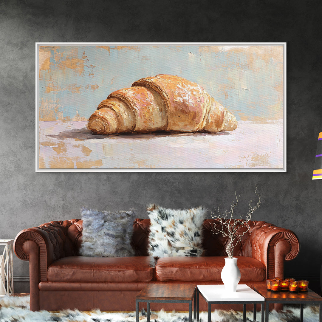 Golden Croissant On Pastel Table Canvas Print, French Bakery Wall Art, Kitchen Decor, Patisserie Print, Foodie Gift For Baker