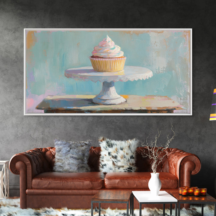 Pastel Cupcake On White Cake Stand Canvas Print, Cute Bakery Wall Art, Kitchen Decor, Dessert Art Print, Birthday Gift For Her