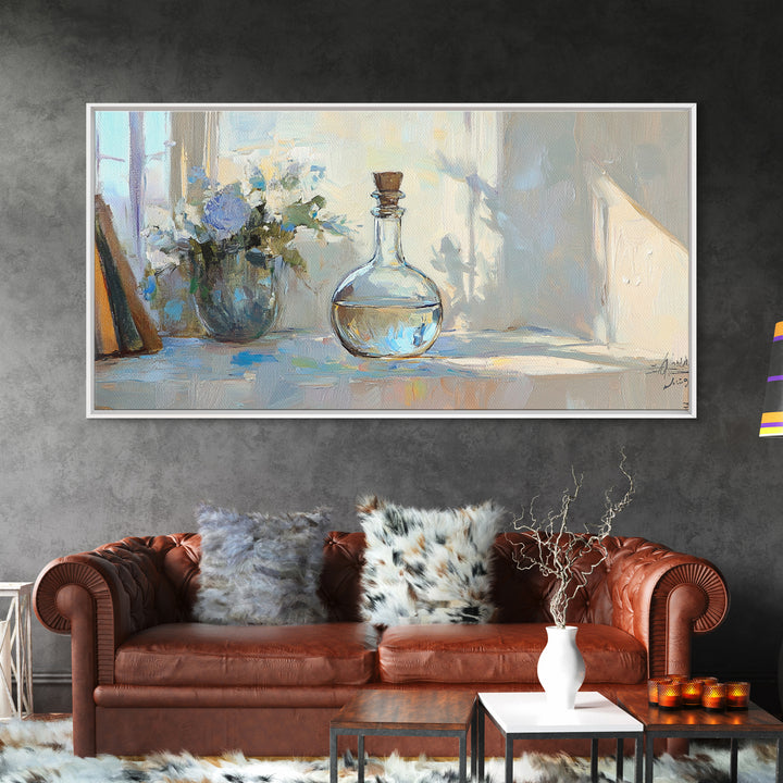 Sunlit Glass Decanter With Blue Flowers Framed Canvas Print, Impressionist Still Life, Neutral Home Decor, Dining Room Wall Art