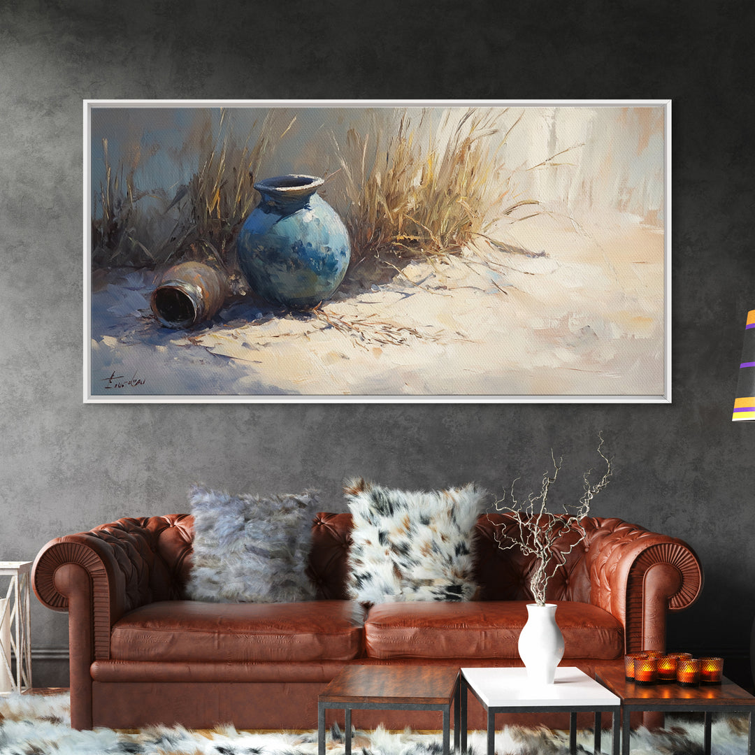 Blue Ceramic Vase In Sunlit Sand Wall Art, Coastal Still Life Canvas, Neutral Beach Decor, Rustic Home Decor, Housewarming Gift