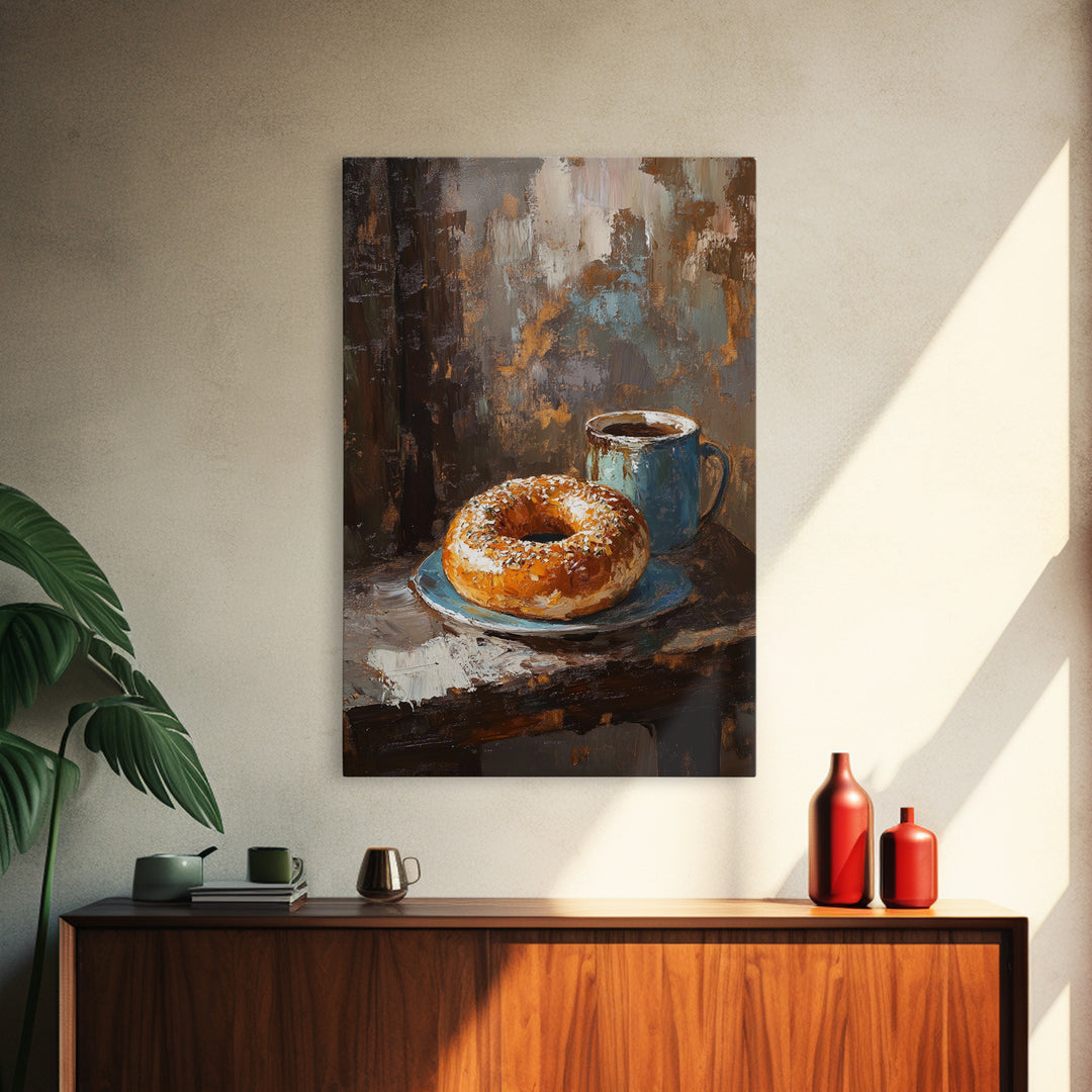 Rustic Coffee And Bagel Still Life Canvas Print, Cozy Kitchen Wall Art, Breakfast Nook Decor, Cafe Art Print Gift For Foodie