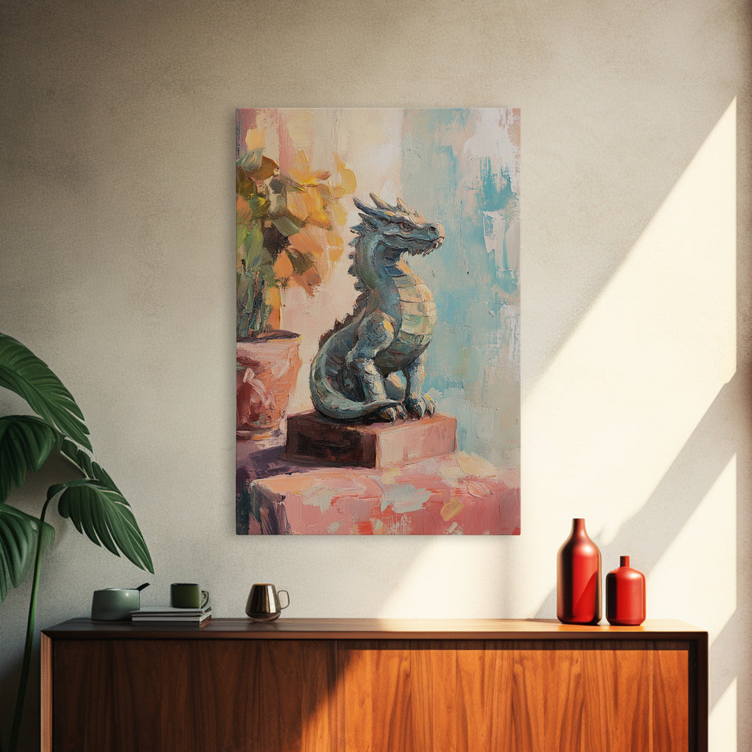 Blue Dragon Statue Fantasy Canvas Print, Whimsical Wall Art, Mythical Creature Nursery Decor, Kids Room Art, Unique Gift
