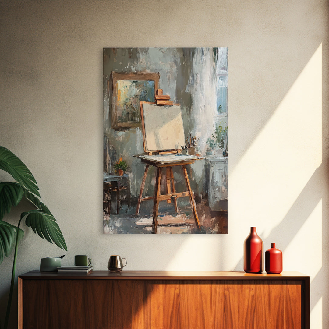 Sunlit Artist Studio Easel Framed Canvas Print, Office Wall Art, Creative Home Decor, Gift For Painter, Modern Wall Decor