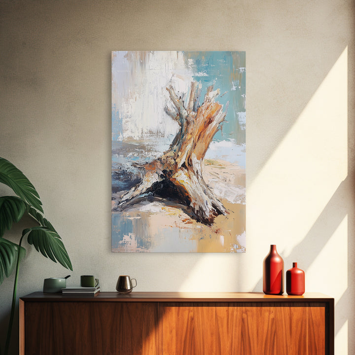 Textured Driftwood Stump On Sandy Shore Wall Art, Coastal Beach House Decor, Neutral Nature Print, Rustic Seaside Painting