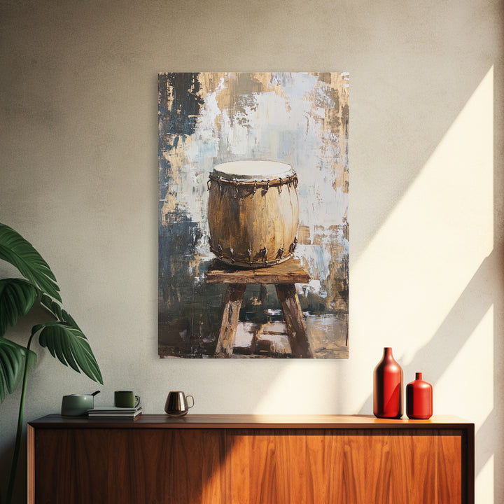Rustic Hand Drum On Wooden Stool Canvas Print, Music Room Decor, African Inspired Art, Earth Tone Wall Decor, Gift For Him