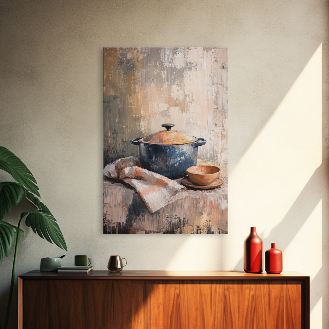 Blue Dutch Oven With Bread And Bowl Framed Canvas Print, Rustic Kitchen Wall Art, Farmhouse Decor, Cozy Still Life Painting