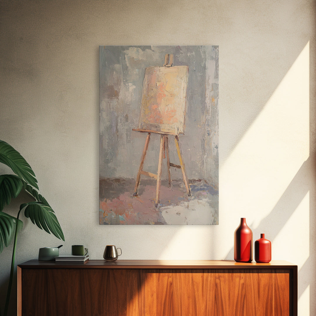 Empty Easel With Textured Blank Canvas Wall Art, Artist Studio Decor, Minimalist Neutral Art Print, Creative Office Gift