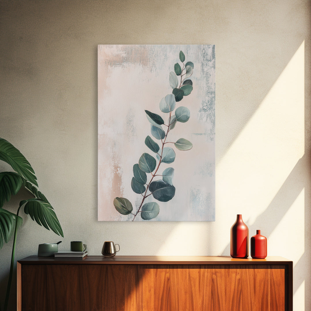 Soft Eucalyptus Branch Botanical Wall Art, Sage Green Minimalist Print, Neutral Home Decor, Japandi Nature Art For Bedroom