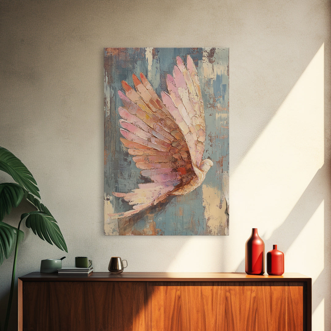 Pastel Dove In Flight With Textured Wings Wall Art, Peaceful Bird Painting, Spiritual Home Decor, Nursery Or Living Room Print