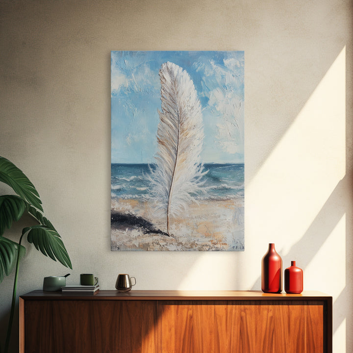 White Feather On Ocean Shore Canvas Print, Coastal Beach Wall Art, Serene Seascape Painting For Calm Bedroom And Beach House Decor