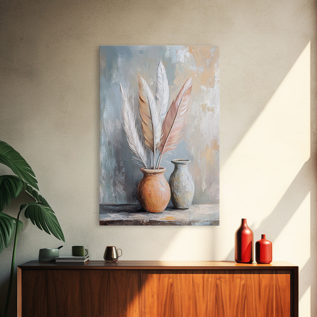 Soft Neutral Feathers In Ceramic Vases Framed Canvas Print, Boho Coastal Wall Art, Japandi Living Room Decor Gift For Bedroom